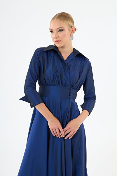 Carmen Lacivert Uzun Kollu Tafta Abiye Elbise