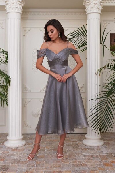 6ixty8ight Carmen Antrasit Organze Düşük Kol Kısa Abiye Elbise