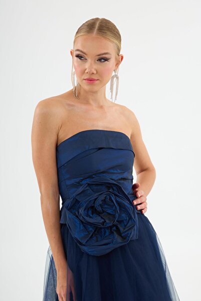 Carmen Sötétkék pánt nélküli rózsa taft estélyi ruha