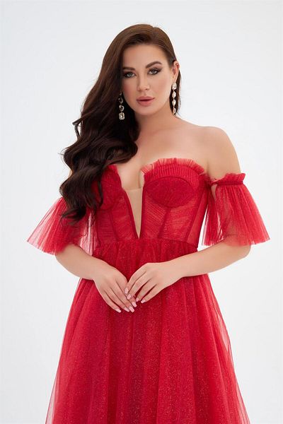 Carmen Red Lurex Tulle Tie Back Strapless Engagement Dress