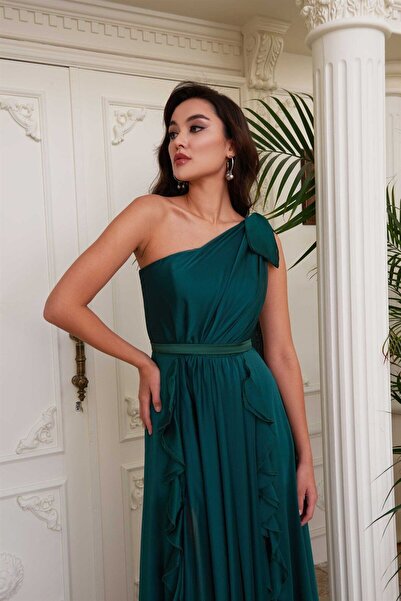 Carmen Zümrüt Şifon Tek Omuzlu Uzun Abiye Elbise