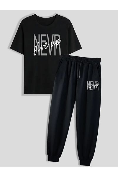 Frisson Never Printed T-Shirt - Jogger T-Shirt Crew Neck Bottom Top Tracksuit Set