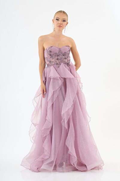 Carmen Sukienka ślubna z tiulu z brokatem lawendowym, wiązana na plecach, bez ramiączek