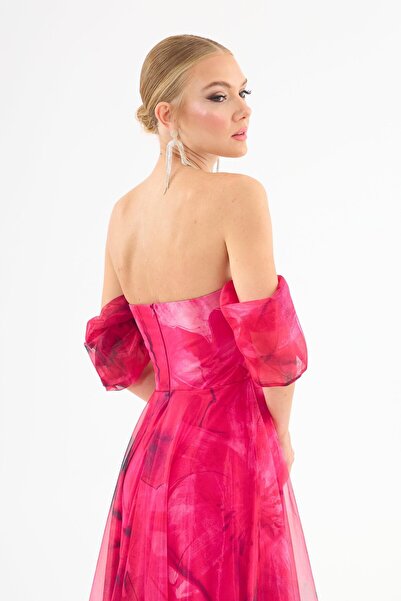 Carmen Fuşya Düşük Kol Empirme Organze Abiye Elbise