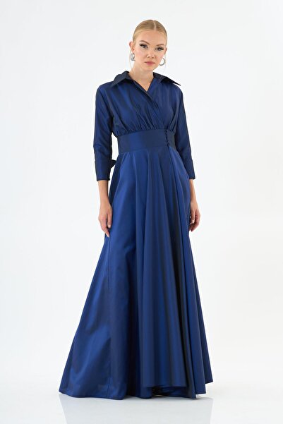 Carmen Lacivert Uzun Kollu Tafta Abiye Elbise