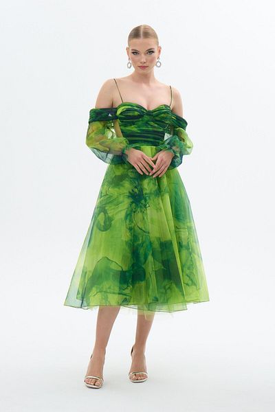 Carmen Rochie de seara cu bretele cu imprimeu organza verde