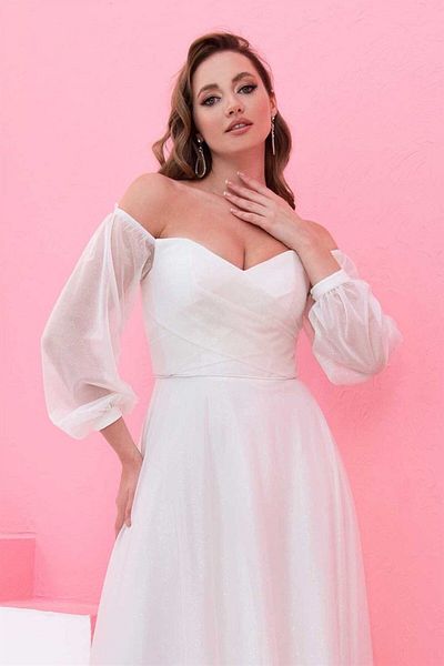 Carmen Ecru Glitter Long Sleeve Wedding Dress and Outdoor Shooting Dress