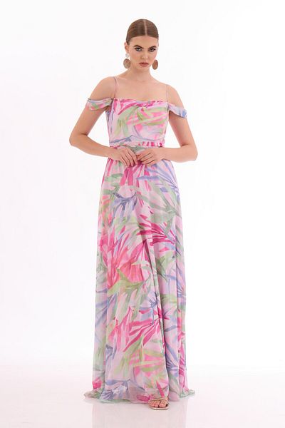 Carmen Langes Abendkleid aus rosafarbenem Chiffon mit niedrigen Ärmeln