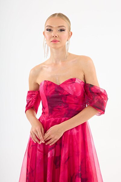 Carmen Fuşya Düşük Kol Empirme Organze Abiye Elbise