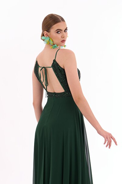 Carmen Zümrüt Pul Payetli Uzun Abiye Elbise