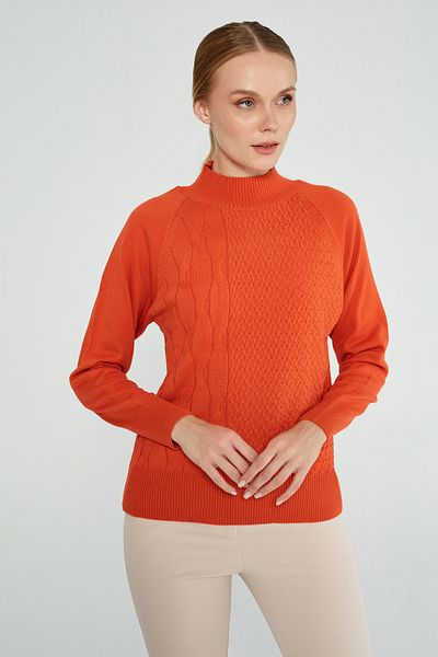 JOVENMADRE Pulover de tricotaj pentru femei portocaliu, cu model, cu guler în picioare