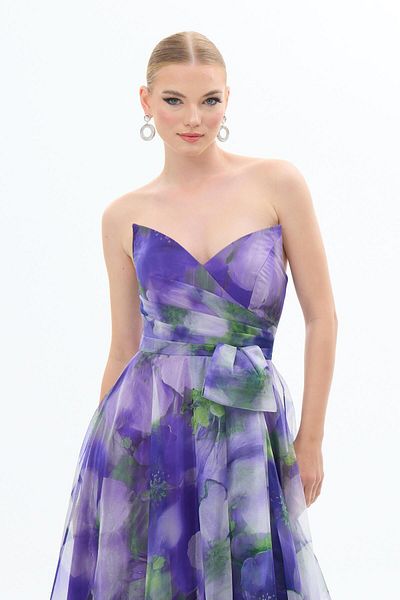 Carmen Strapless Purple Chiffon Evening Dress - Printed
