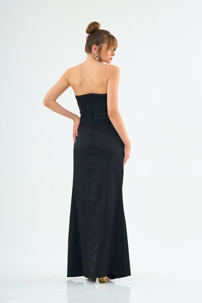 Carmen Siyah Tek Omuz Güllü Saten Abiye Elbise