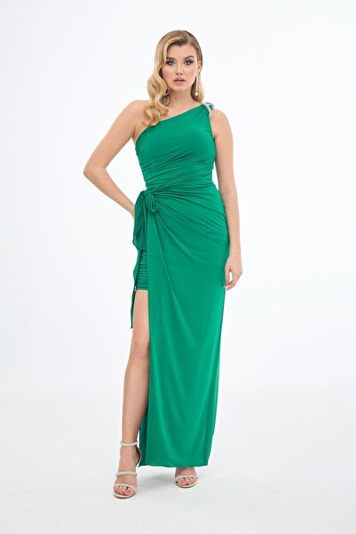 Carmen Zümrüt Tek Kol Yırtmaçlı Sandy Abiye Elbise
