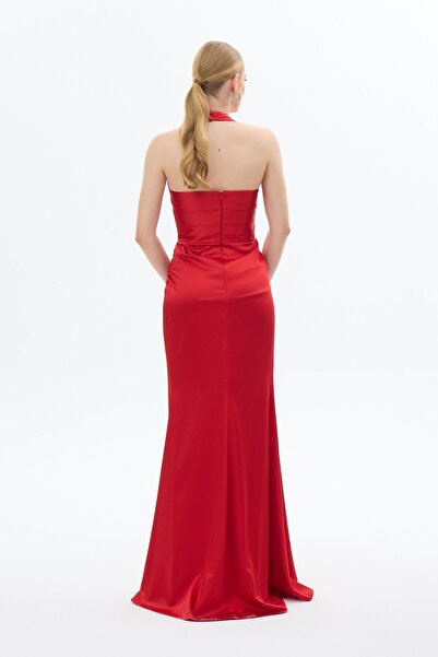 Carmen Satin Red Evening Dress - Halter Neck