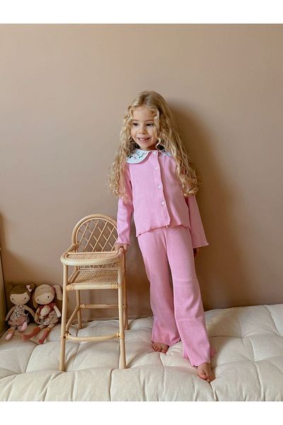 le petit sole Girl's Collar with Branch Embroidery Top and Bottom Set