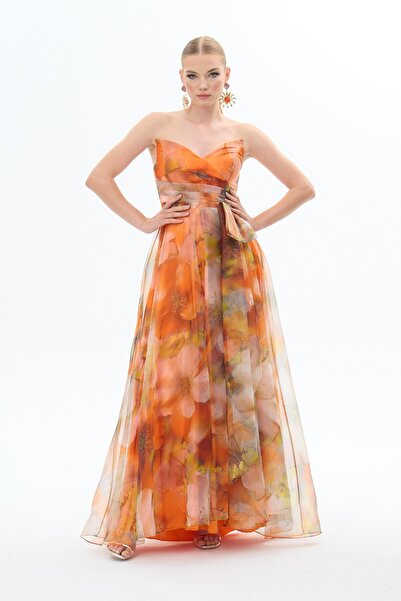Carmen Orange Straplez Empirme Şifon Abiye Elbise