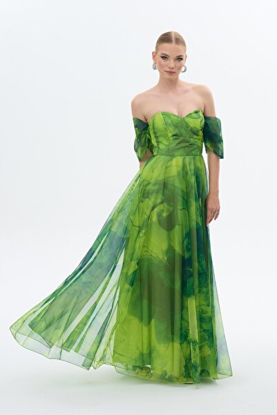 Carmen Zelené večerní šaty s nízkým rukávem