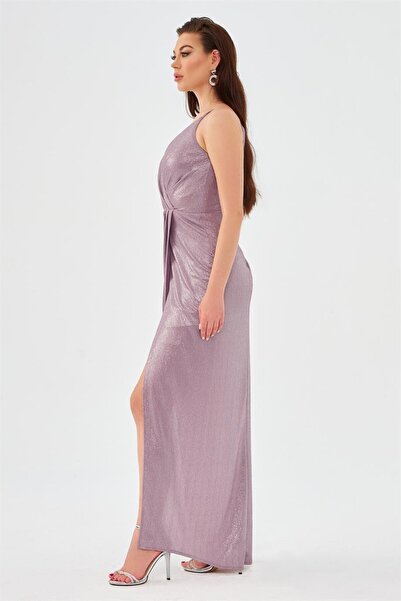 Carmen Levandulové lakované šifonové dvouřadé večerní šaty s rozparkem