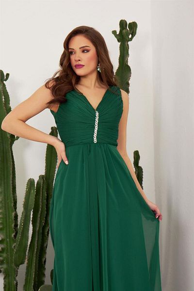 Carmen Emerald Chiffon Μακρύ βραδινό φόρεμα και προσκλητήριο φόρεμα με πέτρινο γιακά