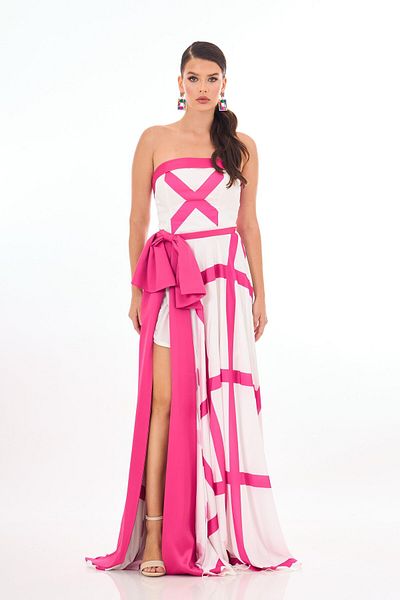 Carmen Rochie de seara din satin fuchsia cu model in carouri - Detaliu fundita