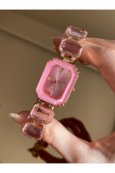 Genel Markalar Pembe Taşlı Sekizgen Kadın Kol Saati – Şık Kordonlu Quartz Mekanizma Saat