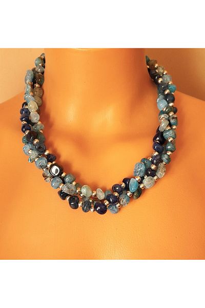 Asteria Elite Navy Blue Large Broken Agate 3 Row Detachable Peace, Communication and Evil Eye Protection Necklace