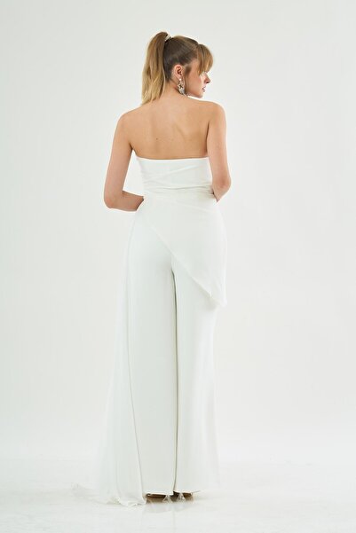 Carmen Strapless Ecru Tailed Crepe Jumpsuit