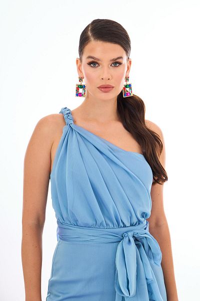Carmen Single Shoulder Indigo Chiffon Braided Jumpsuit