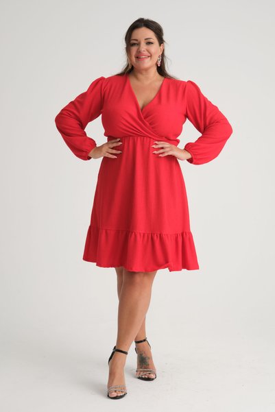 Madwilo Women's Red Double Breasted Collar Ruffle Detail Plus Size Dress
