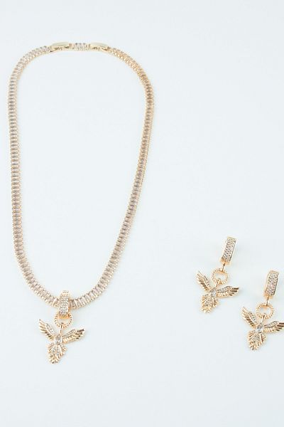 Liveyn Design Baguette Zircon Stone Phoenix Bird Figure Necklace Earring Set