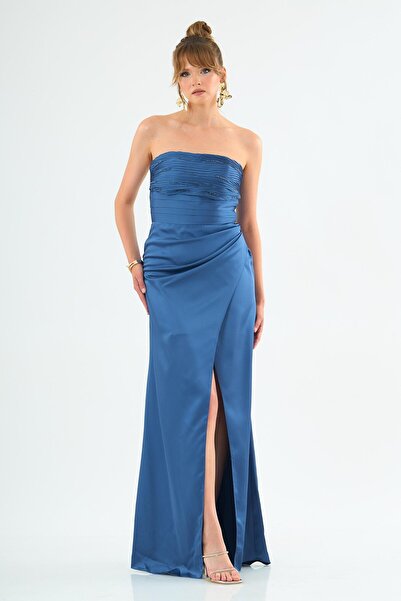 Carmen İndigo Straplez Pliseli Saten Abiye Elbise