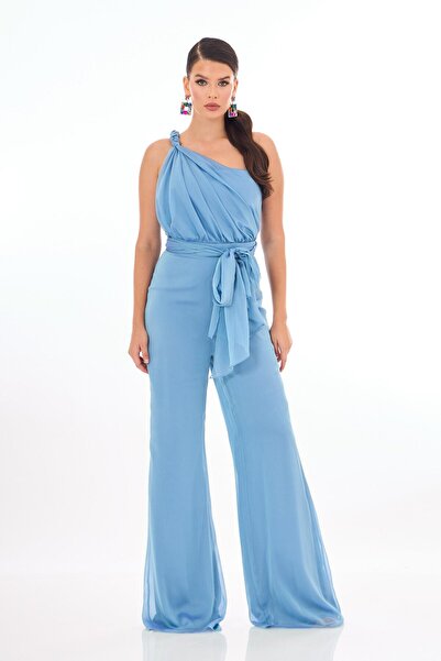 Carmen İndigo Şifon Tek Omuz Örgülü Tulum