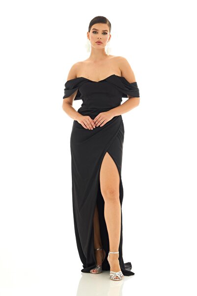 Carmen Siyah Düşük Kol Yırtmaçlı Saten Abiye Elbise