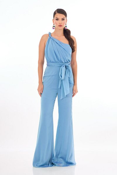 Carmen Single Shoulder Indigo Chiffon Braided Jumpsuit