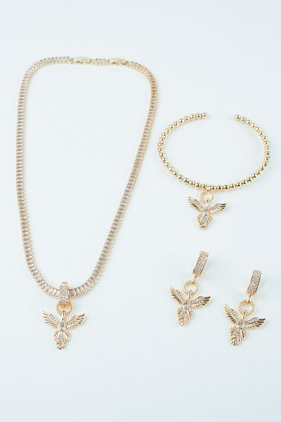 Liveyn Design Zircon Stone Detailed Baguette - Phoenix and Bracelet Earrings Set of Three