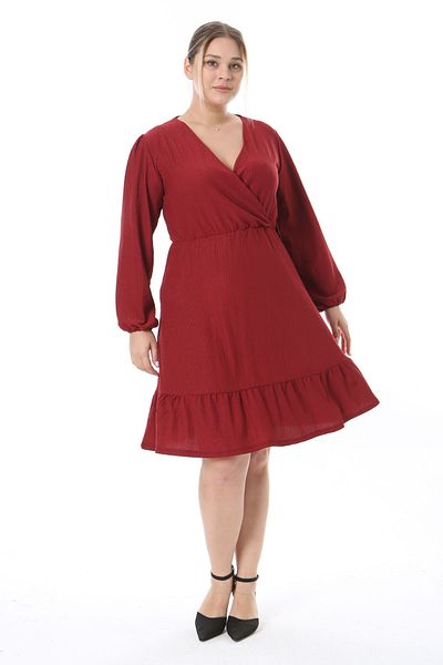 Madwilo Rochie de damă bordeaux cu guler dublu cu volane, mărime mare