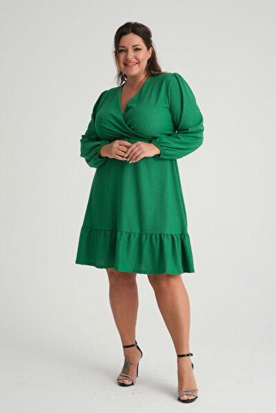 Madwilo Women's Green Double Breasted Collar Ruffle Detail Plus Size Dress