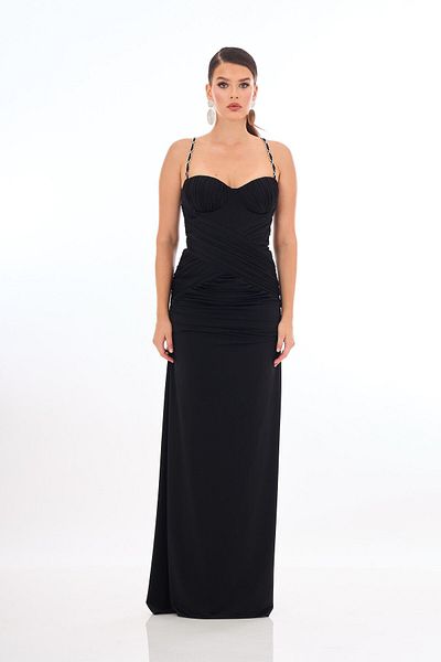 Carmen Long Black Strap Venezia Evening Dress