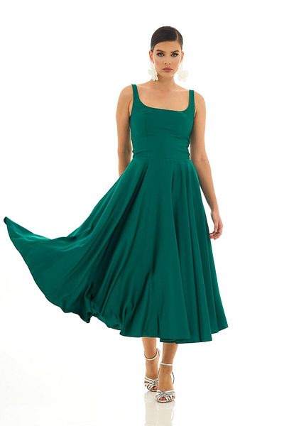 Carmen Back Low-Cut Emerald Midi Satin Evening Dress