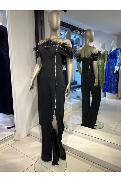 Robes Strapless Collar Slit Detailed Stylish Crepe Evening Dress Jumpsuit with Stone and Feather Embroidery