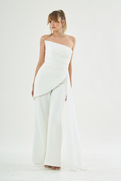 Carmen Strapless Ecru Tailed Crepe Jumpsuit
