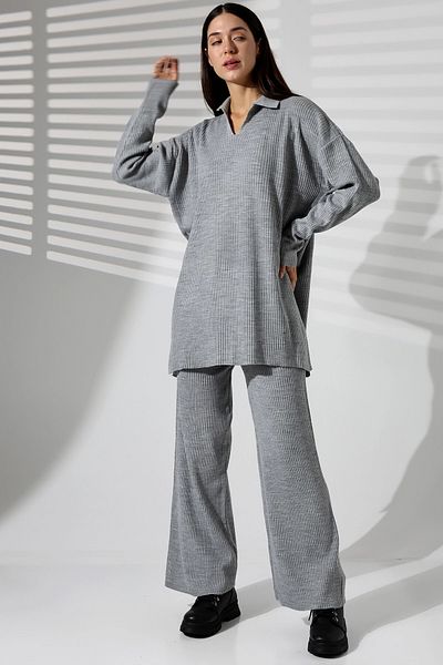bacc Women's Gray Polo Neck Ribbed Relaxed Fit Winter Knitwear Bottom Top Suit Bcvl-T 243149