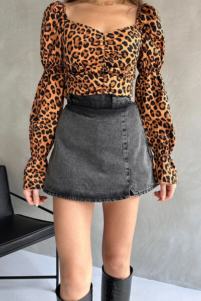 bacc Γυναικείο Μπλούζα με Καφέ Λεοπάρ Σχέδιο και Λεπτομέρειες Ραφής Bcdf-242132