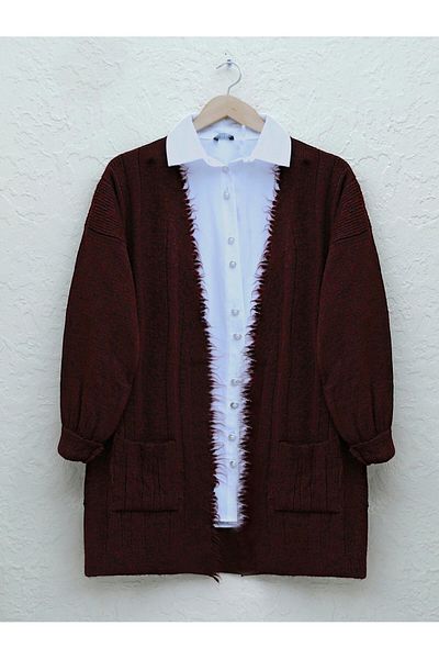 Modamorfo Claret Red Knitwear Cardigan with Pockets and Tassel Detail
