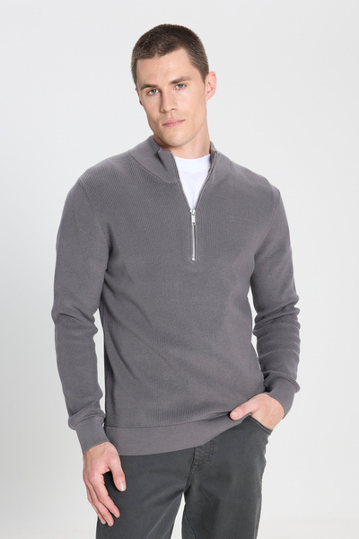 WRANGLER Regular Fit Normal Kesim Fermuar Detaylı Antrasit Triko Kazak