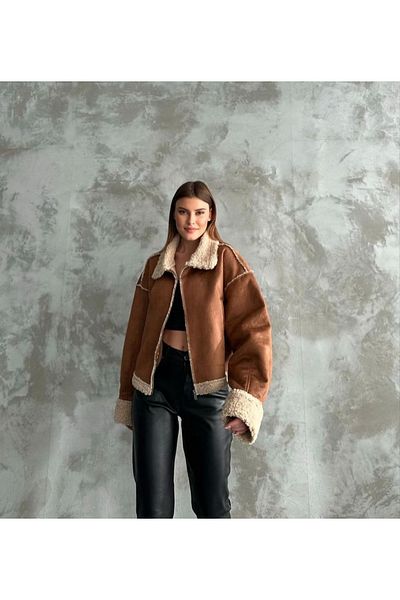 DHDmoda Tan Brown Fur Lined Suede Coat
