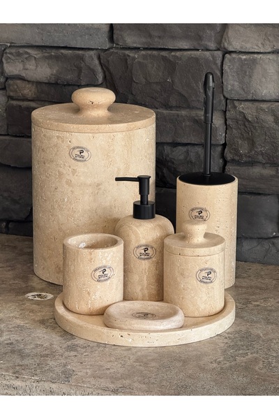 Polen Stone طقم حمام مكون من 7 قطع من حجر الترافرتين الطبيعي بمقبض ذاتي مع سلة مهملات كبيرة 26x20