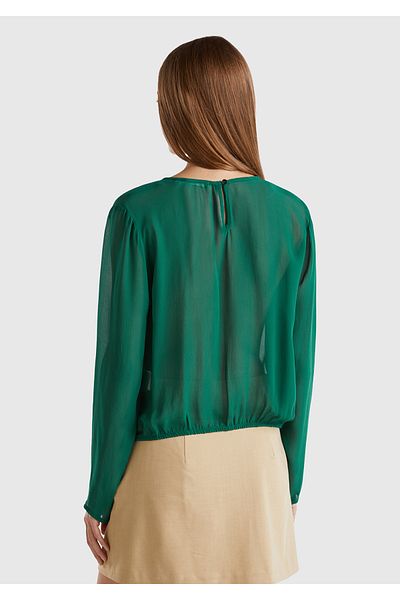 United Colors of Benetton Women's Dark Green 100% Viscous Hem Drawstring Detail Long Sleeve V Neck Blouse