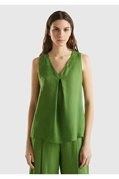 United Colors of Benetton Women's Pale Green 100% Linen V-Neck Sleeveless Wide Cut Blouse